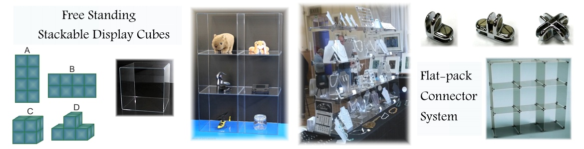 Display cubes consisting of acrylic and glass panels and 2, 3 and 4-way panel connectors