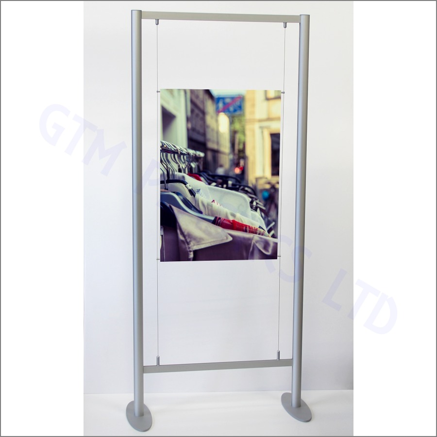 A freestanding 2-metre high anodised aluminium frame, supporting A4 and A3 poster holders suspended between cables that are attached to its crossbars.