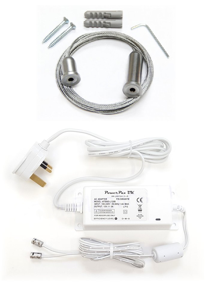 Cable kit with nylon isolator shown separately beside the fitting, next to CE-certified LED driver.