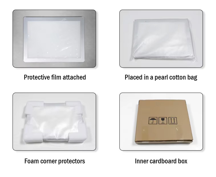 LED lightbox with the protective film left on, foam corner pieces, pearl cotton bag, and inner cardboard box