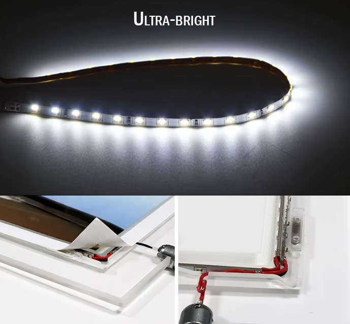 SMD 2835 LED rigid strips embedded within an acrylic light panel for edge illumination