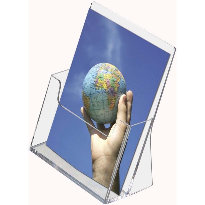 A free-standing sloping acrylic leaflet dispenser that contains a few brochures.