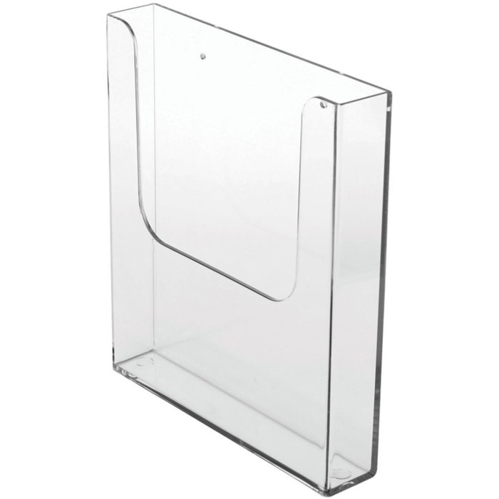 A wall mounted acrylic leaflet dispenser that attaches to the wall with two screws.