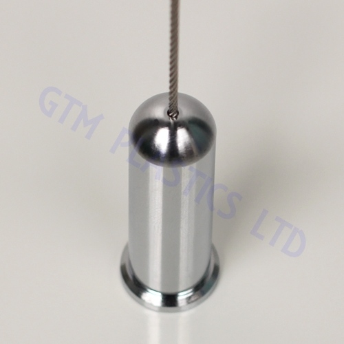 Close up view of a chrome plated cable-to-shelf-clamp supporting a glass shelf panel